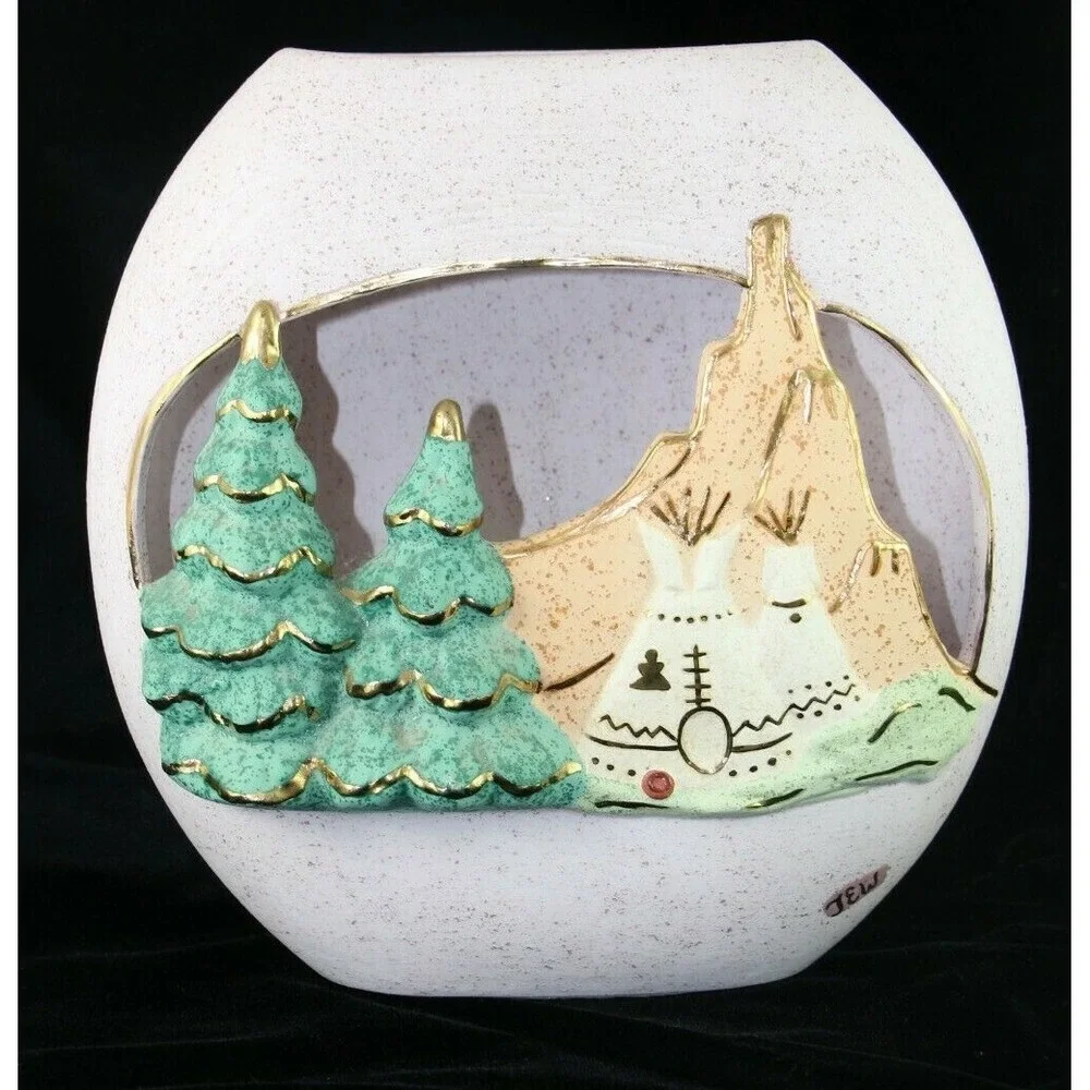 Desert Notions Southwestern Vase Tee Pee Cut Large Hand Painted 22K Gold Trim